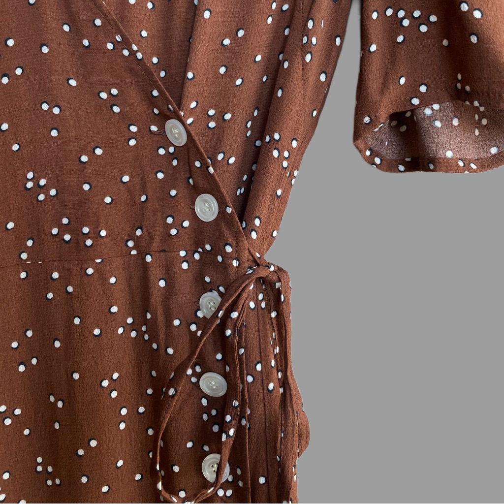 Rouje Brown White Polka Dot Printed Puff Sleeve Mini Wrap Dress Gabinette Dress — image 2 of 8